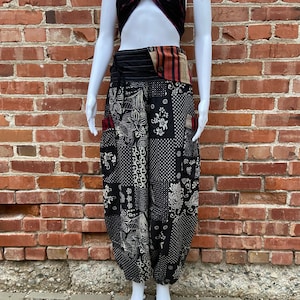 Black and White Abstract Print Pants with Embroidery Details, Unisex Trousers, Boho, Hippie, Free Spirited Burning Man Festival, Unique