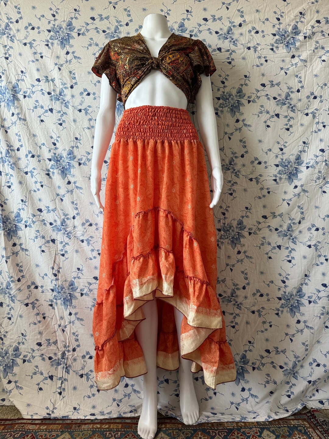 Bohemian High Waist Cut Out Raw Hem Fishnet Knit Cover Up Midi Skirt