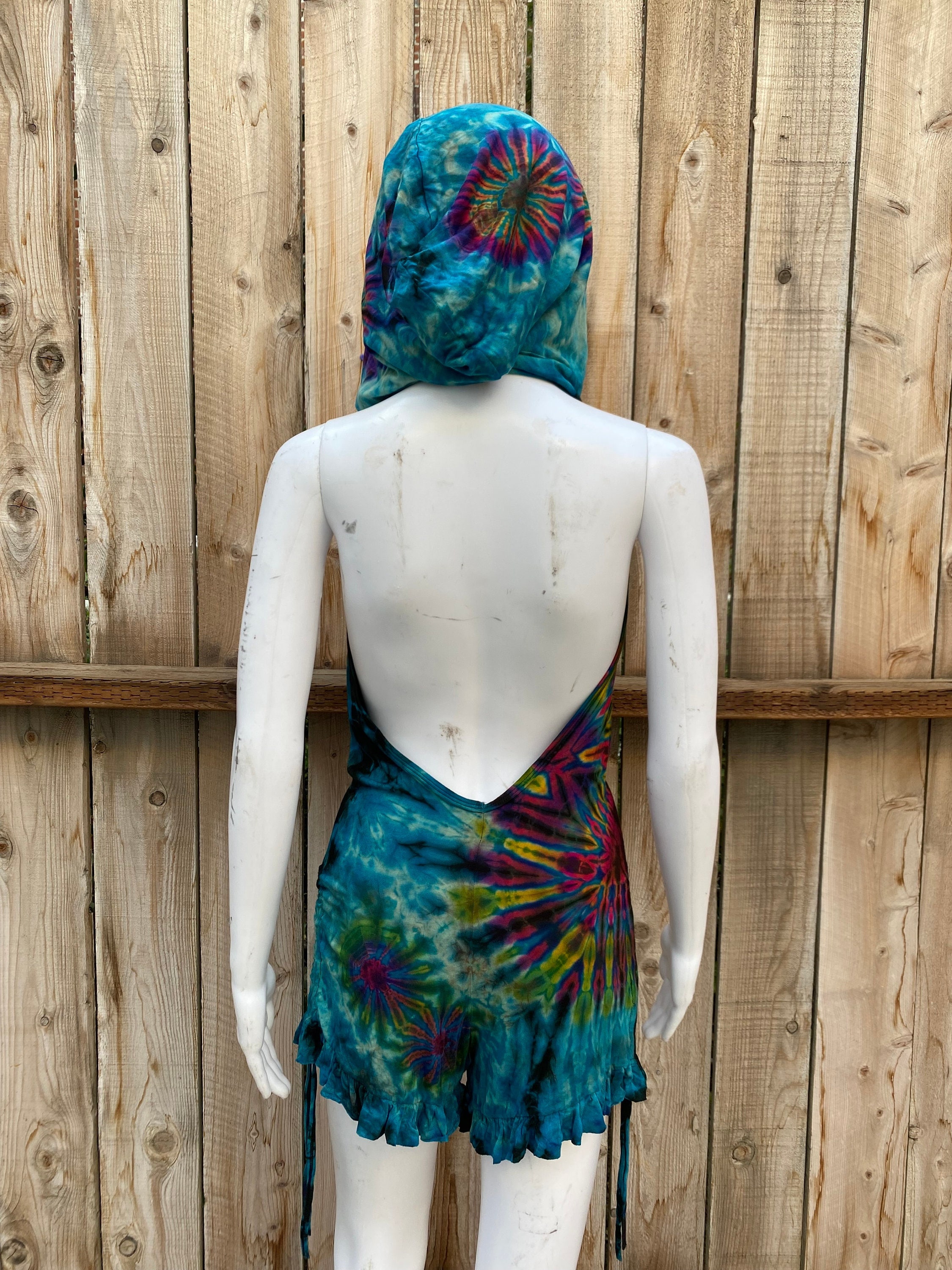 Tie Dye One Piece with Hoodie Perfect for Ravers - Jumpsuit / Romper Shorts Style - Low Open Back One Size - Hippie Festival Fashion Trippy