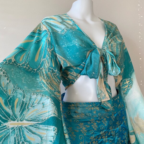 Butterfly Bell Sleeve Wrap Top Peacock Flowers Turquoise