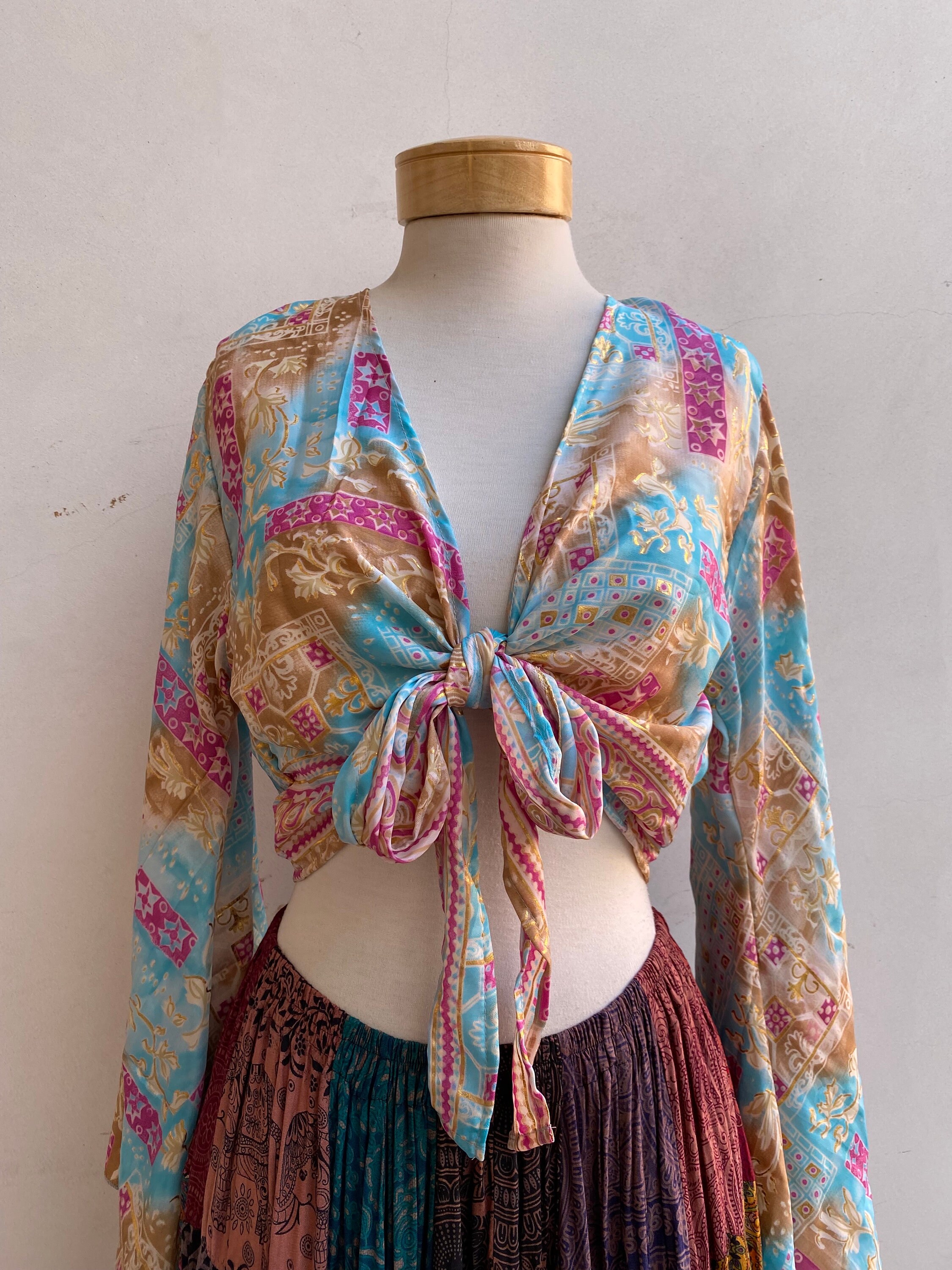 Bohemian 70s Hippie Long Bell Sleeve Wrap Top, Festival Boho