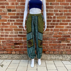 Calças hippie exclusivas com detalhes em espiral, calças hippie unissex, calças 100% algodão para homens e mulheres, moda boho festival confortável ao ar livre