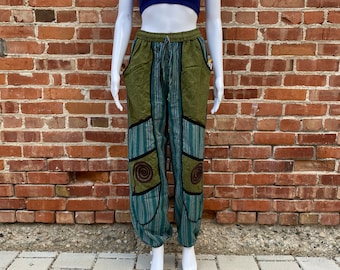 Unique Hippie Pants with Swirl Detail, Unisex Hippie Trousers, 100% Cotton Pants for Men and Women Comfy Outdoor Boho Festival Fashion