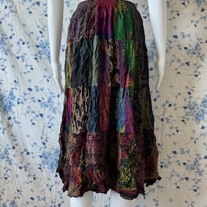 Boho Patchwork Skirt, Hippie Grunge Fairycore Skirt, Earthy Tones, Festival, 90s Aesthetic, Flowy Elastic High Waist A Line Skirt