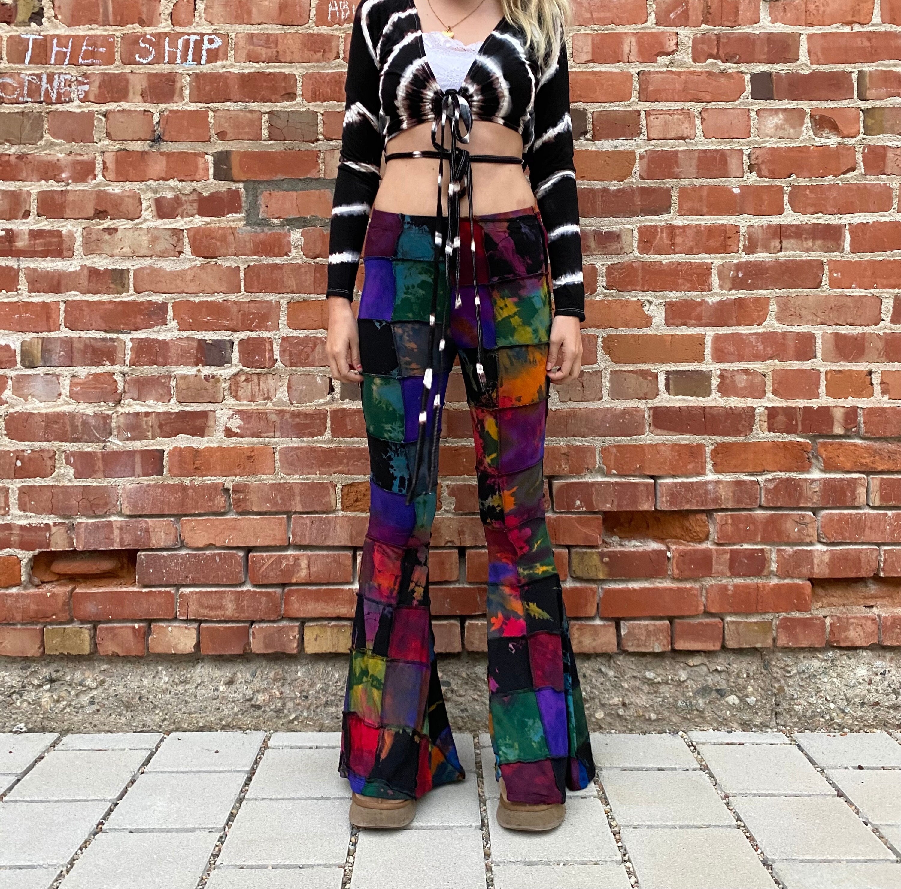 Womens Bell Bottom Flare Leg Hippie Pants Tie Dye Patterned Patchwork Hippie Boho Colorful Summer Pants Trippy Rave Festival Fashion Etsy Canada