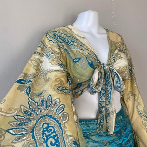 Bohemian 70s Hippie Long Bell Sleeve Wrap Top, Festival Boho Fairy Goddess, Wimisical Paisley Patchwork, Flowy Gold Print Princess Blouse