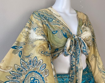 Bohemian 70s Hippie Long Bell Sleeve Wrap Top, Festival Boho Fairy Goddess, Wimisical Paisley Patchwork, Flowy Gold Print Princess Blouse