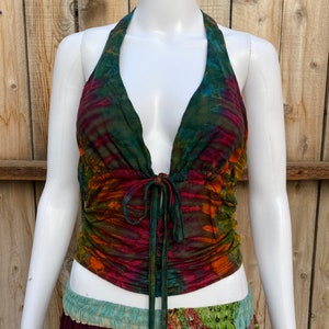 Top da donna con scollo all&#39;americana tie-dye con dettaglio arricciato, corpetto regolabile, schiena bassa, fata hippie boho, festival estivo, concerto, medio-grande