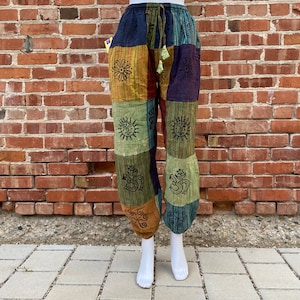 Unisex Patchwork Hippie Pants with Hand Printed Patterns,  100% Cotton Pants, Boho Festival Fashion, Summer Bohemian Trousers, Made in Nepal