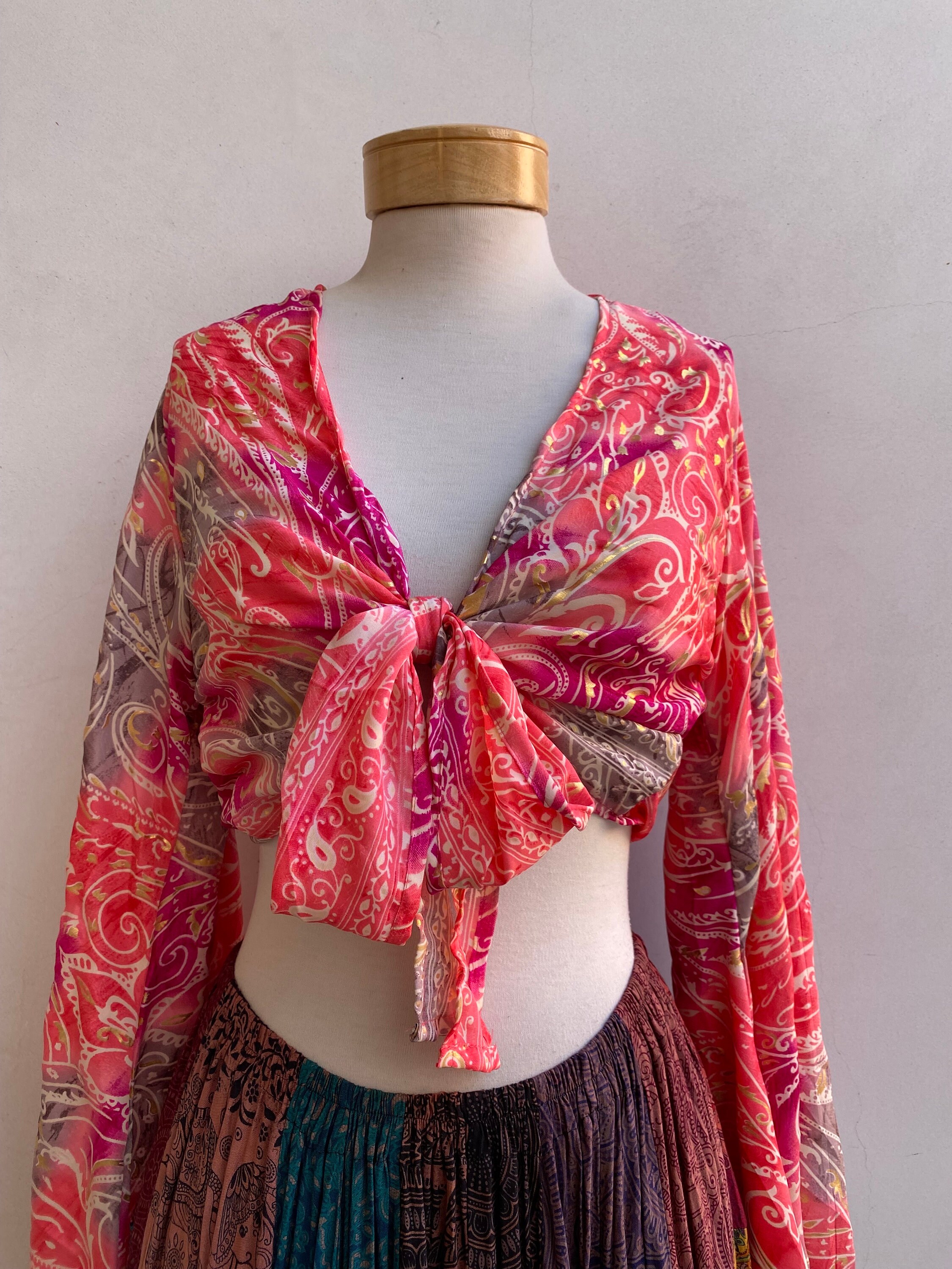 Bohemian 70s Hippie Long Bell Sleeve Wrap Top, Festival Boho