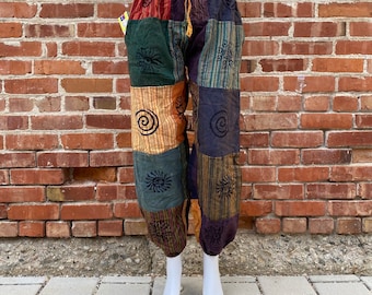Unisex Patchwork Hippie Pants with Hand Printed Patterns,  100% Cotton Pants, Boho Festival Fashion, Summer Bohemian Trousers, Made in Nepal