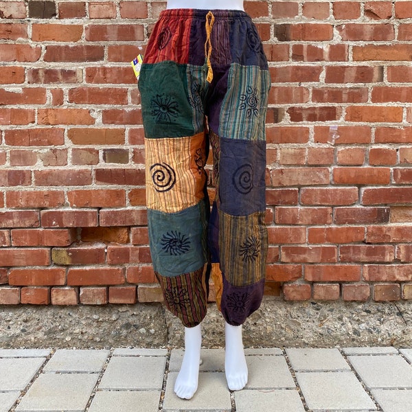 Unisex Patchwork Hippie Pants with Hand Printed Patterns,  100% Cotton Pants, Boho Festival Fashion, Summer Bohemian Trousers, Made in Nepal