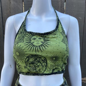 Celestial Print Summer Crop Top, Open Back Boho Festival Rave Fashion, Hippie Witchy Fairy Top, Reversible Halter Neck, Sun Moon Star Design