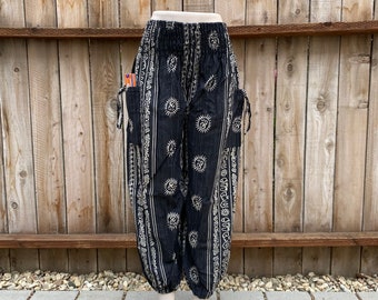 Women’s Boho Cotton Trousers with Deep Pockets, Black and Brown Monochromatic with Printed Detailing, Casual Pants, Festival, Elastic Waist,
