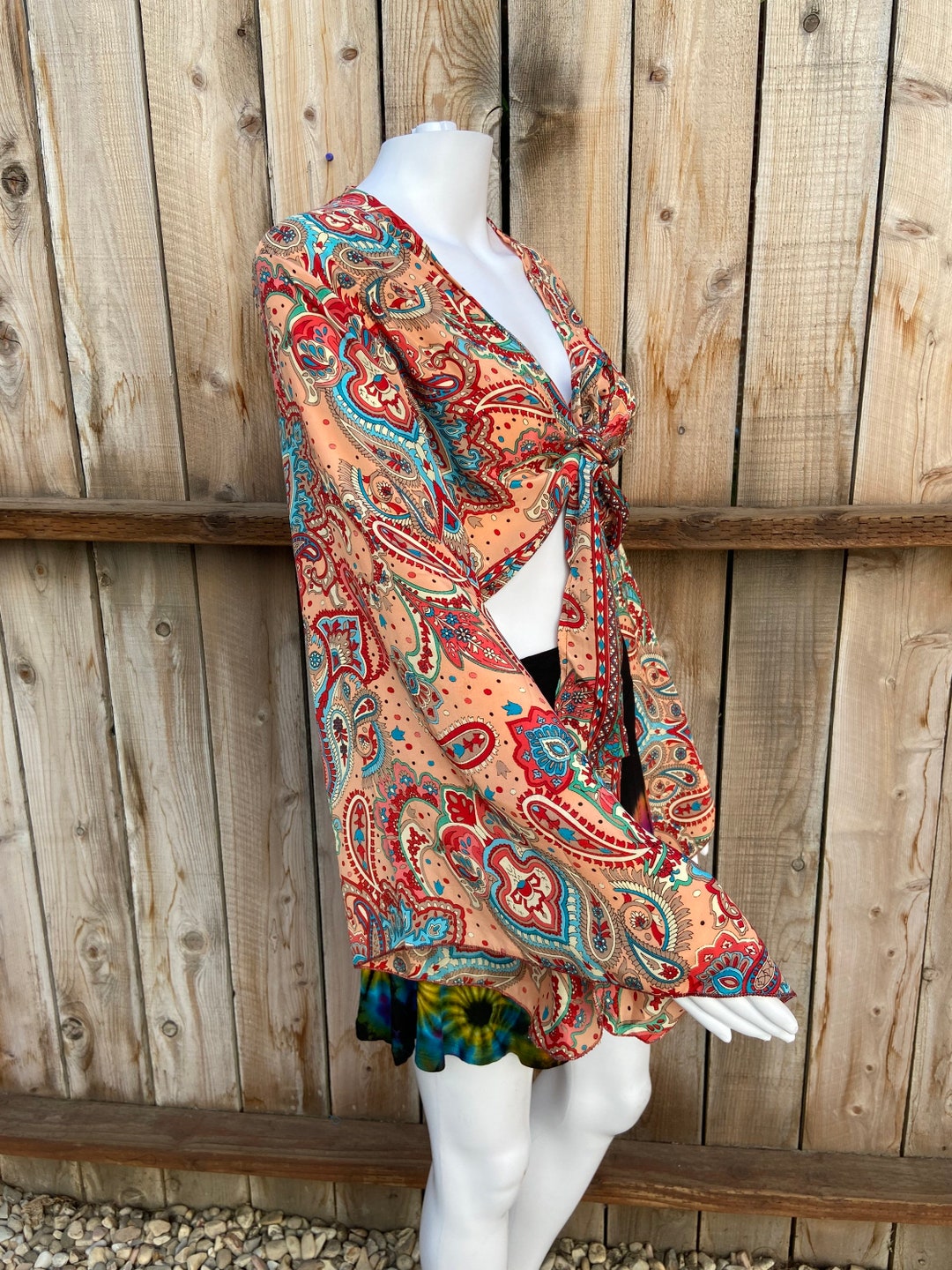 Plus Up-Cycled Sari Bell Sleeve Wrap Tie Top #111