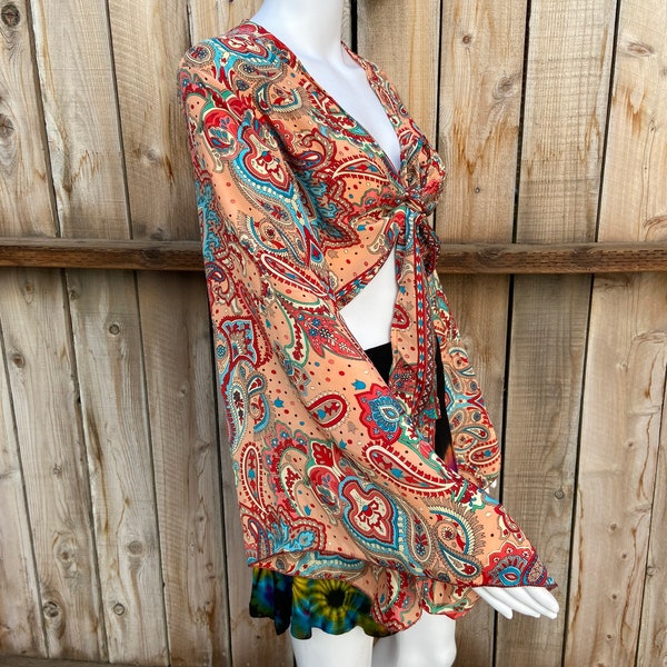 Bohemian Hippie Long Bell Sleeve Wrap Top with Front Tie, Colorful Paisley and Flower Pattern, Festival Boho Fairy Goddess, Summer Going Out