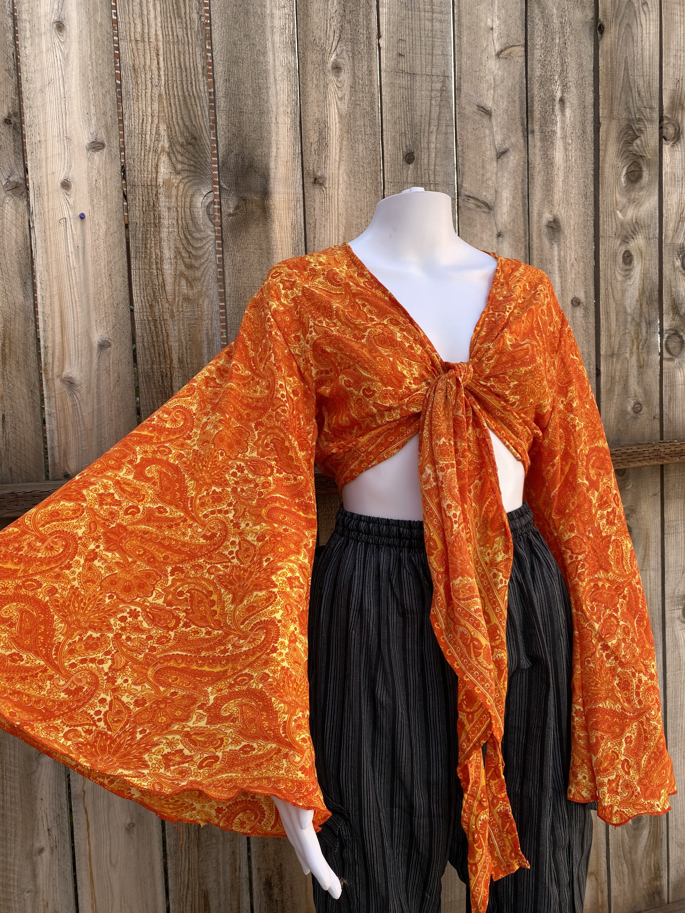 Bohemian Hippie Long Bell Sleeve Wrap Top With Front Tie, Colorful