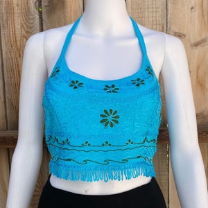Womens Boho Festival Crop Top With Flower Design and Tassel Hem, Open ...