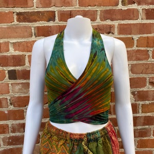 Mały top z nadrukiem tie-dye, wiązany na szyi, damski top hippie z wiązaniem, festiwal, boho, lato, Coachella, Burning Man, wygodny, skater, swobodny,