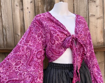 Bohemian Hippie Long Bell Sleeve Wrap Top with Front Tie, Colorful Paisley and Flower Pattern, Festival Boho Fairy Goddess, Purple Summer
