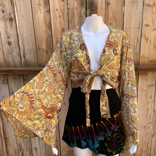 Bohemian Hippie Long Bell Sleeve Wrap Top With Front Tie Etsy