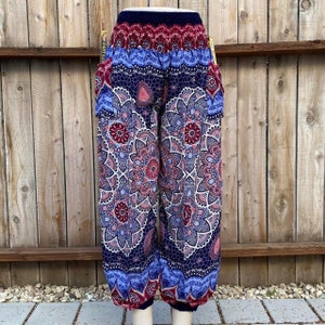 Women’s Summer Hippie Pants, Flower Mandala Pattern, Festival Fashion, One Size, Boho Free Spirit, Lightweight Trousers, Colorful Fun Harem