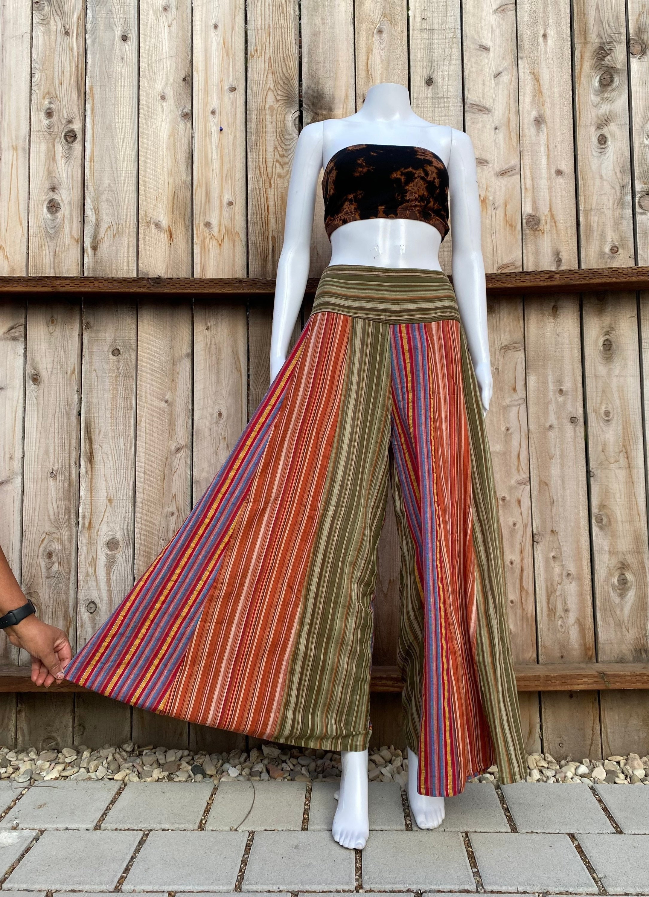 Hippie Palazzo Womans Pants With Striped Design, Loose and Lightweight,  Elastic Waist, Flowy Boho Festival Wear, Colorful Wide Leg Pants -   Denmark
