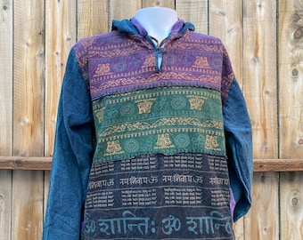 Sweat à capuche en patchwork, 100 % coton, mode bohème hippie, poches, simple et léger, délavé à l'acide, unique en son genre, OM, mode festival