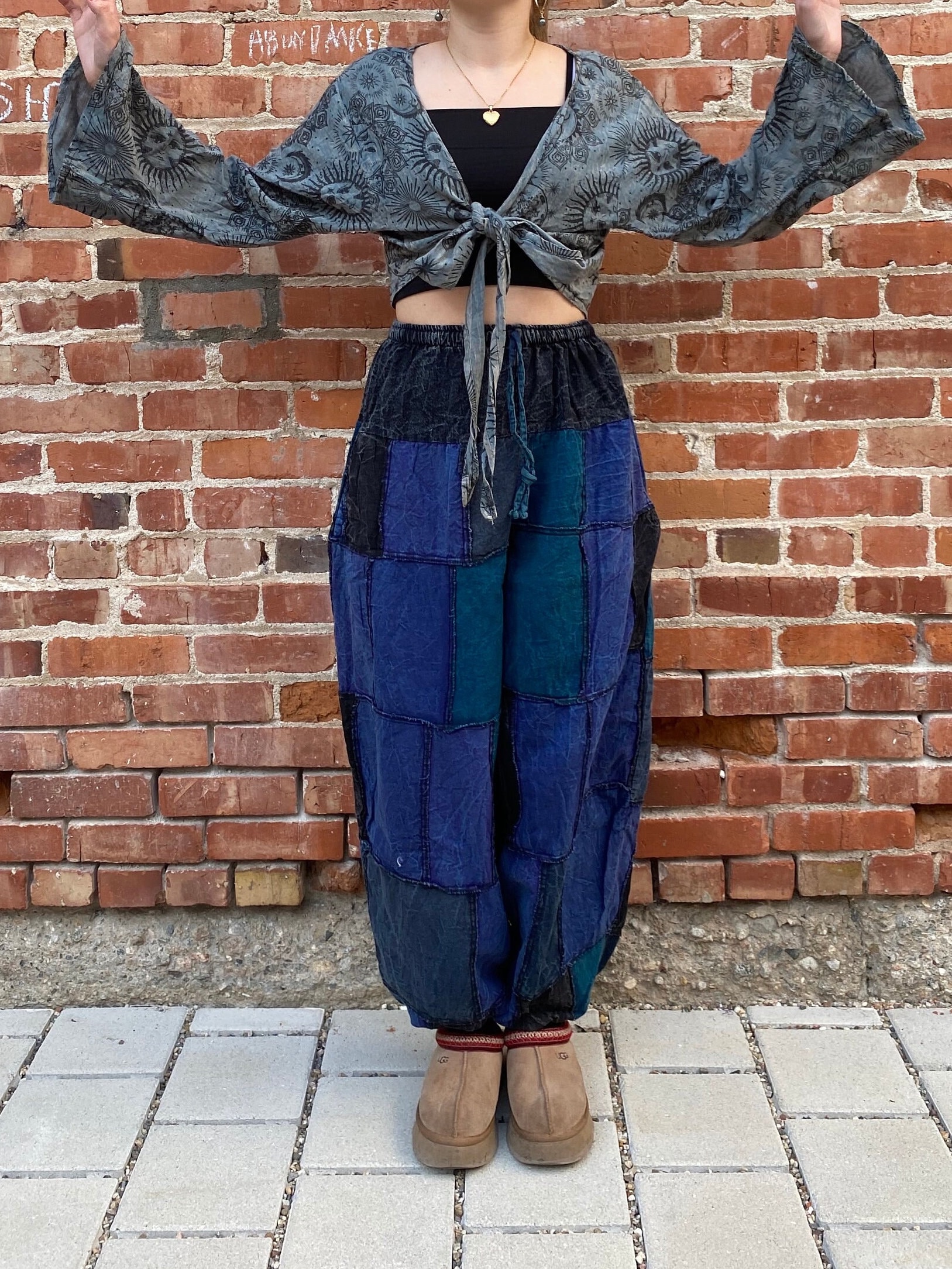 Boho Patchwork Trousers, Unisex Pants, Stonewashed, Hippie