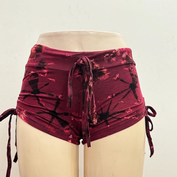 Tie Dye Micro Shorts, Festival, Rave, Gym, Pilates, Soft and Stretchy, Hippie, Boho, Ruffle, Ties on Side, Beach Booty Shorts, Adjustable