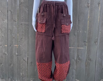 Open Pocket Unisex Cotton Pants with Pattern Block Patches, Festival Fashion, Hippie Pants, Fun Boho Loose Jogger Style Pants, Clock Block
