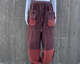 Open Pocket Unisex Cotton Pants with Pattern Block Patches, Festival Fashion, Hippie Pants, Fun Boho Loose Jogger Style Pants, Clock Block