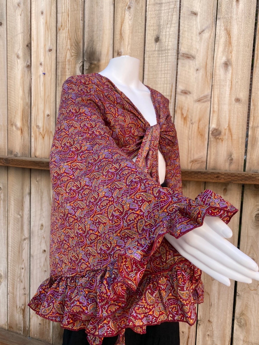 Butterfly Bell Sleeve Wrap Top Dark Red Paisley