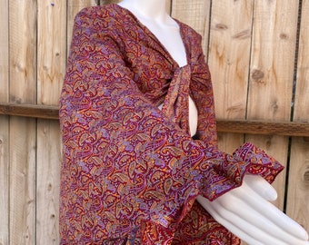 Ruffle Sleeve Wrap Top with Front Tie, Long Bell Sleeve, Geometric and Flower Pattern, Bohemian Fairy Goddess, Hippie, 70s Disco, Halloween