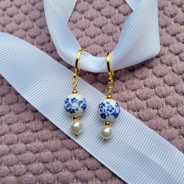 Porcelain Earrings. Blue and White Porcelain Flower and Pearl Gold Dangle Earrings, Flower Porcelain Earrings, Small Dangle Earrings
