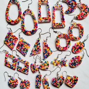 Sprinkles Earrings. Resin Rainbow Moon, Star, Heart Real Sprinkle Candy Dangle Earrings.  Fun Summer Earrings with Hypoallergenic Ear wires
