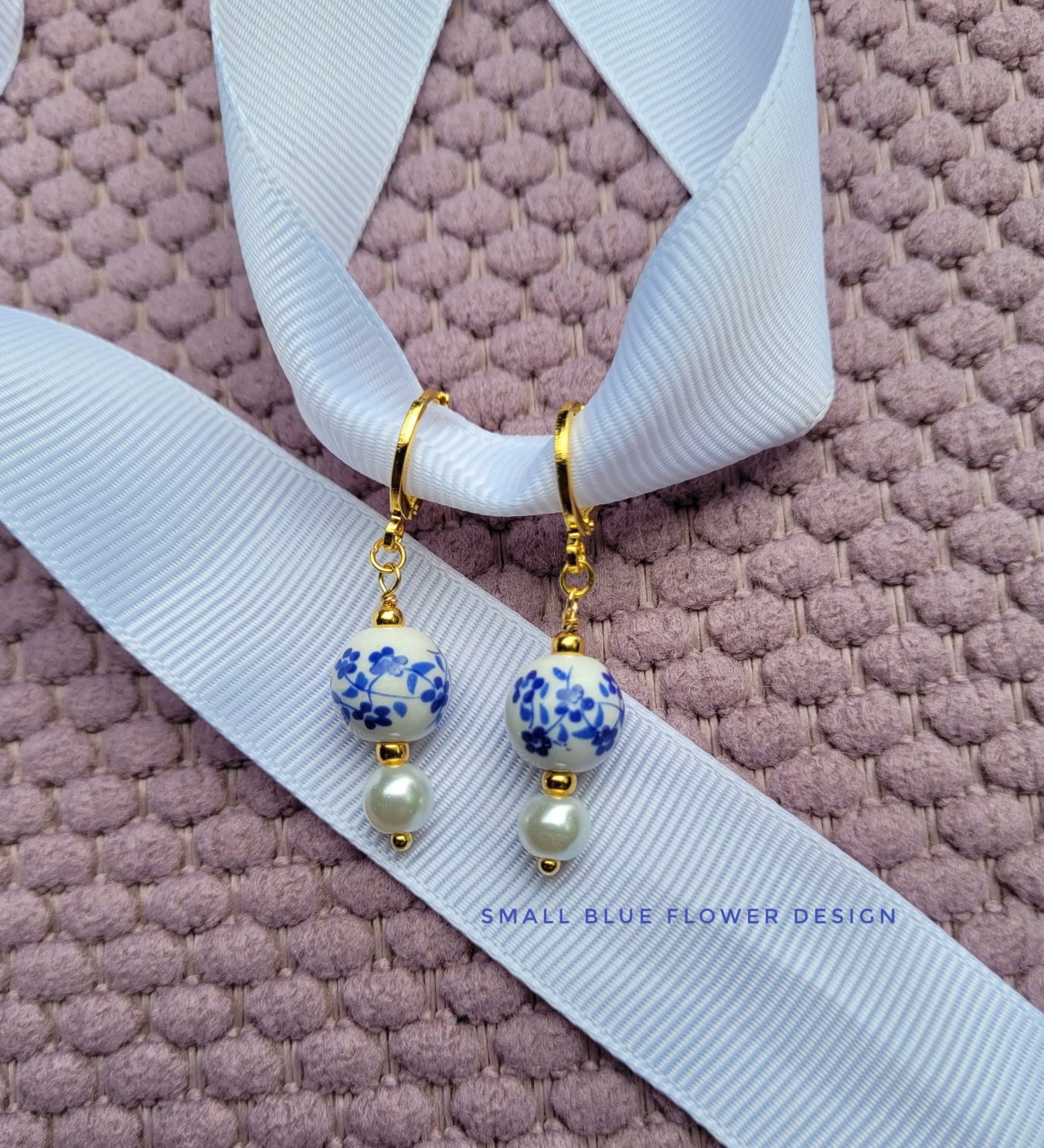 Porcelain Earrings. Blue and White Porcelain Flower and Pearl Gold