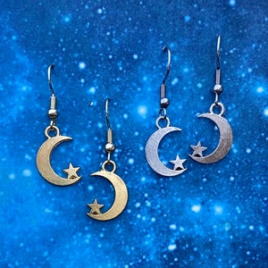 Moon Star Earrings, Whimsigoth Dangle Star on the Moon Earrings. Handmade Silver or Gold Moon Earrings