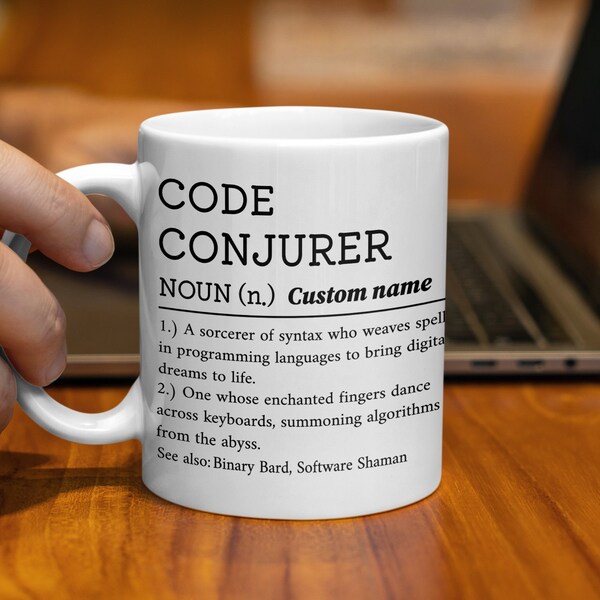 Programmer Mug, Code Conjurer Definition, Custom Name Coffee Cup, Tech Geek Gift, Software Developer Present, Unique Nerd Mug, Coding