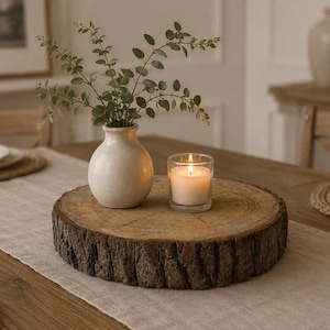 May include: A wooden table setting with a rustic centerpiece. It includes a round, textured wooden slice, a small white vase with greenery, and a lit candle in a glass. The table is set with plates and a neutral-toned runner.