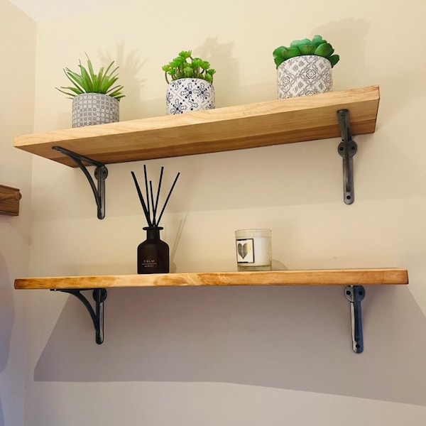 Natural Front Edge English Ash Hard Wood Book kitchen study Rustic Radiator Shelf shelving Any Size with or without Bark