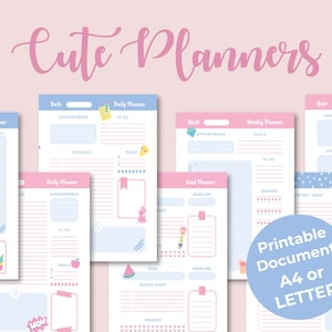 Op de afbeelding: Een set printbare planner sjablonen met schattige illustraties. De sjablonen omvatten een maandplanner, een dagplanner, een weekplanner, een doelplanner en een to-do lijst. De sjablonen zijn beschikbaar in A4 of letter formaat.