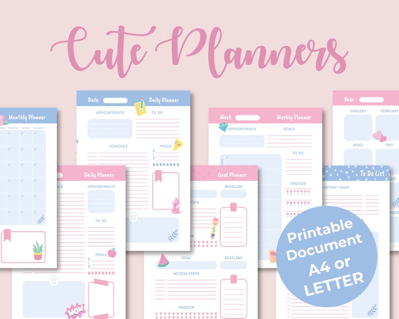 Op de afbeelding: Een set printbare planner sjablonen met schattige illustraties. De sjablonen omvatten een maandplanner, een dagplanner, een weekplanner, een doelplanner en een to-do lijst. De sjablonen zijn beschikbaar in A4 of letter formaat.
