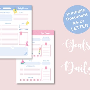 Op de afbeelding: Printbare sjablonen voor een dagelijkse planner en een doelplanner. De dagelijkse planner heeft secties voor afspraken, to-do lijst, schema en maaltijden. De doelplanner heeft secties voor doel, actiestappen, deadline en tracker. Beide planners hebben een lichtblauw en roze kleurenschema met schattige illustraties.