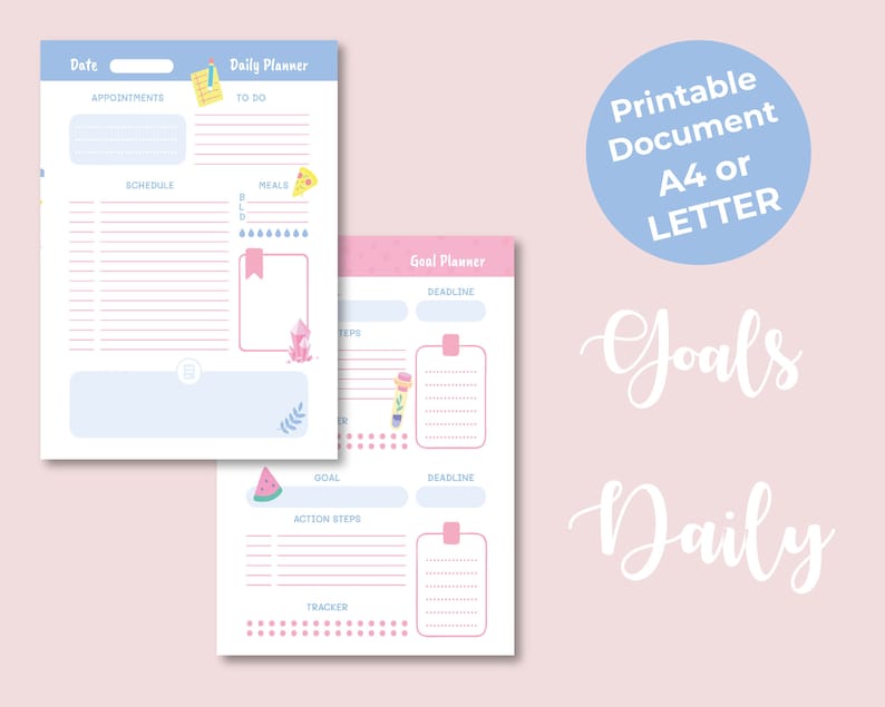Op de afbeelding: Printbare sjablonen voor een dagelijkse planner en een doelplanner. De dagelijkse planner heeft secties voor afspraken, to-do lijst, schema en maaltijden. De doelplanner heeft secties voor doel, actiestappen, deadline en tracker. Beide planners hebben een lichtblauw en roze kleurenschema met schattige illustraties.