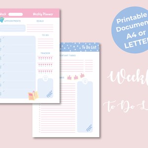 Op de afbeelding: Printbare wekelijkse planner- en to-dolijst sjablonen in roze en blauw met ster- en boekillustraties. Het document is beschikbaar in A4 of Letter formaat.