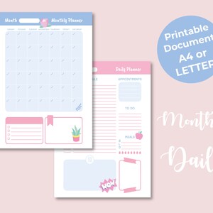 Op de afbeelding: Printbare maandelijkse en dagelijkse planner sjablonen in roze en blauw met bloem- en plantenillustraties. De sjablonen bevatten secties voor afspraken, takenlijsten en maaltijden. De tekst "Printbaar document A4 of BRIEF" staat in een blauwe cirkel.