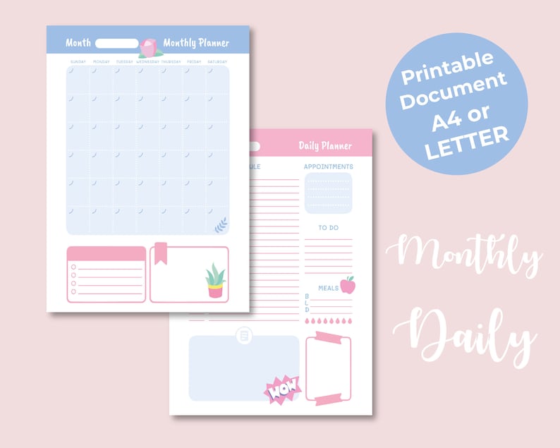 Op de afbeelding: Printbare maandelijkse en dagelijkse planner sjablonen in roze en blauw met bloem- en plantenillustraties. De sjablonen bevatten secties voor afspraken, takenlijsten en maaltijden. De tekst "Printbaar document A4 of BRIEF" staat in een blauwe cirkel.