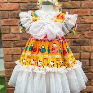 Unique vintage kitty bow lace layer toddler long dress