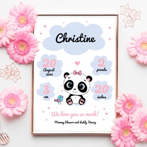 Baby Geboortekaartje PNG | Panda Kwekerij Design | Gepersonaliseerde baby meisje geboorte statistieken